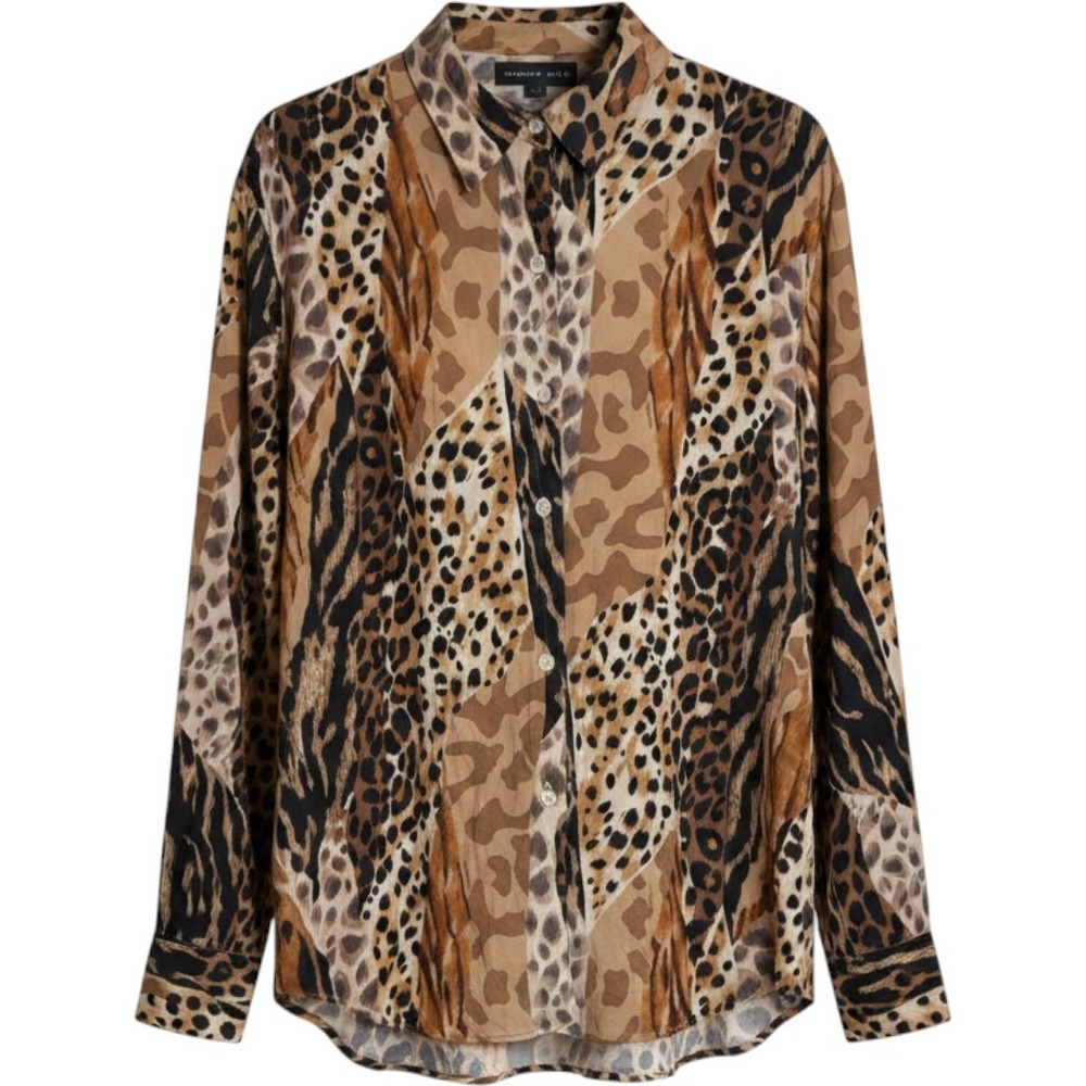 August Silk Animal Print Button Down Blouse 100% Silk Brown Leopard Tan 12